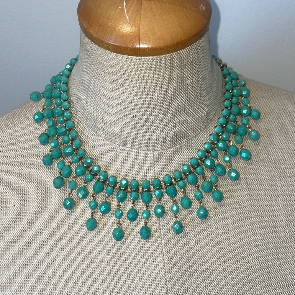 Artisan Vintage Bib Necklace faceted turquoise colored beads with gold tone